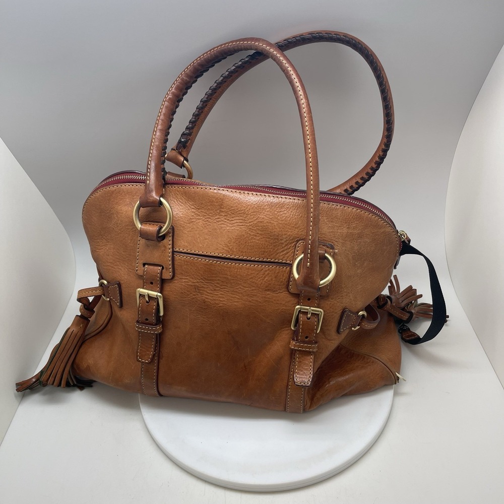 Dooney & Bourke Tan Florentine Leather Large Satchel Bag Braided Handles Tassels - Picture 4 of 8